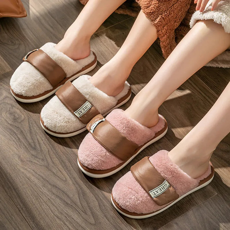 Hook furry slippers for women, beige colour, with plush upper and Velcro strap, on a light background