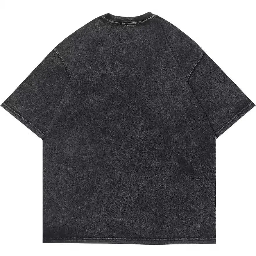 Men's black retro t-shirt with cartoon digital print showing loose fit and short sleeve design