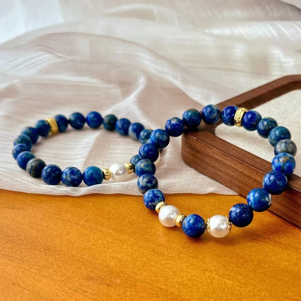 Lapis lazuli green gold stone bracelet with Chinese retro artistic design on wrist