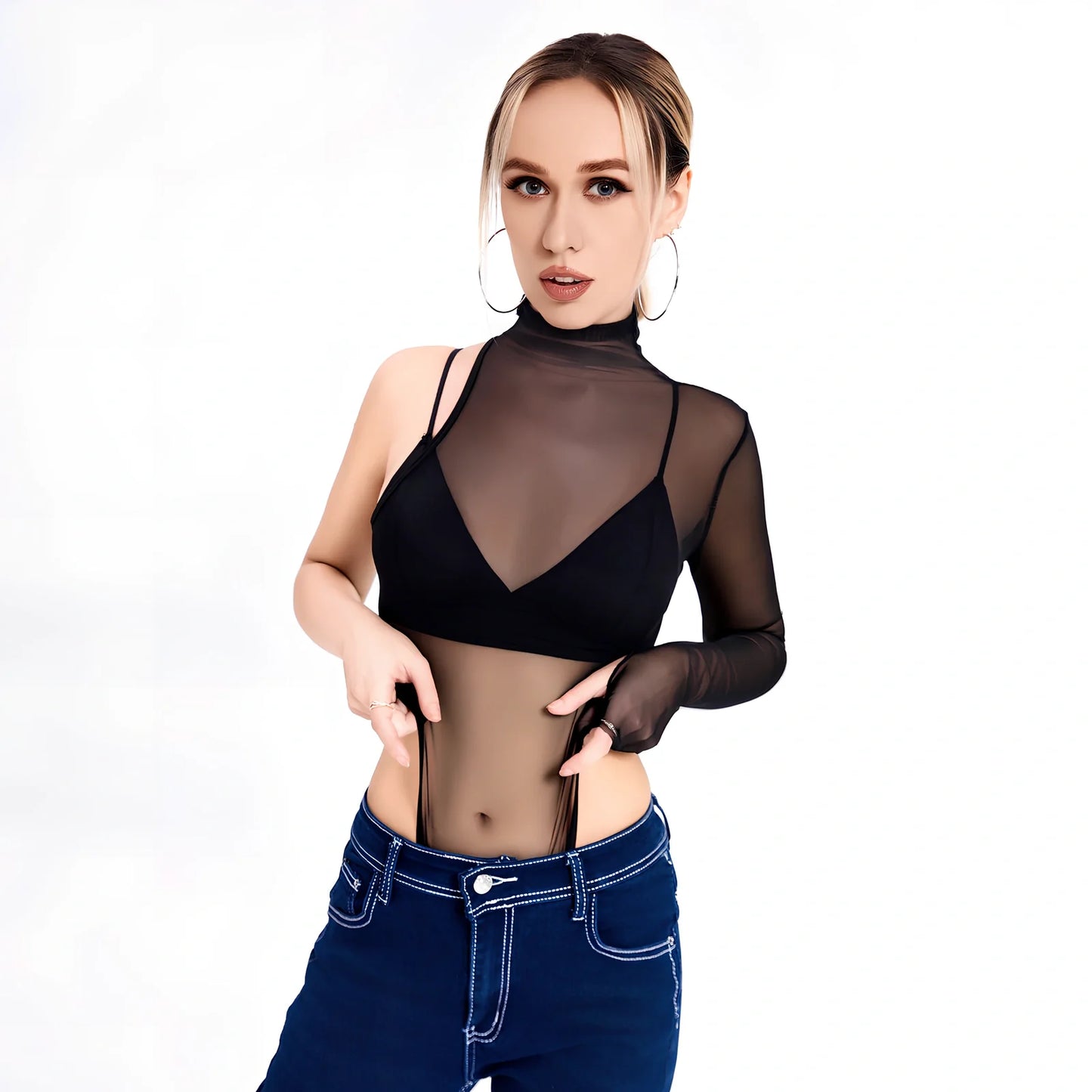 Black long-sleeved T-shirt jacket with net yarn side panels, zipper front, slim fit in size M, 70cm length