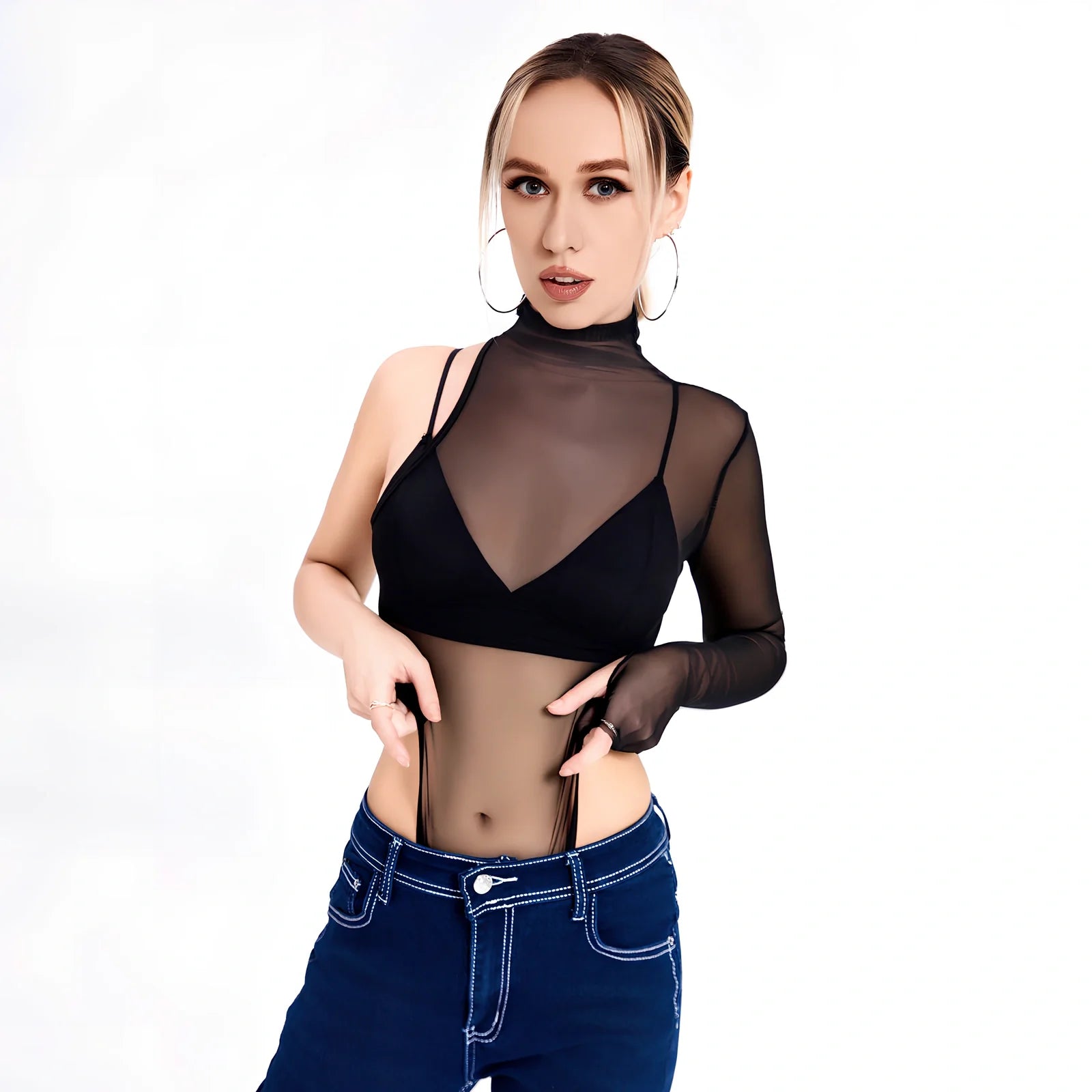 Black long-sleeved T-shirt jacket with net yarn side panels, zipper front, slim fit in size M, 70cm length