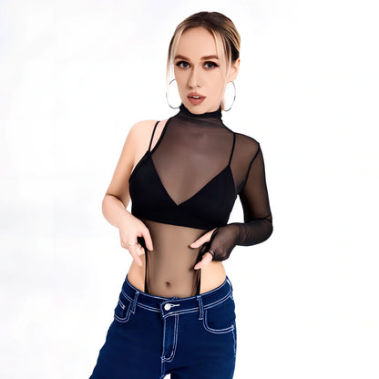 Black long-sleeved T-shirt jacket with net yarn side panels, zipper front, slim fit in size M, 70cm length