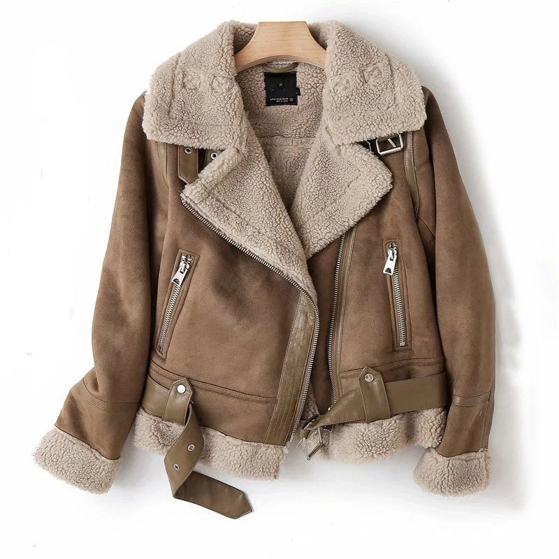 Winter Lapel Jacket in suede and lamb wool for women motorcycle riders