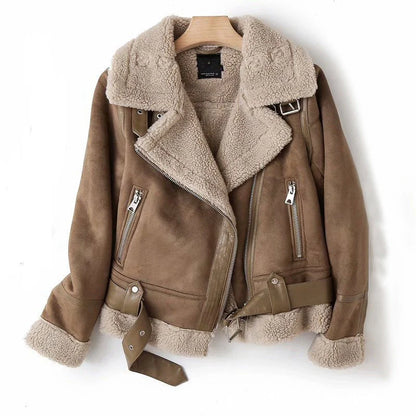 Winter Lapel Jacket in suede and lamb wool for women motorcycle riders