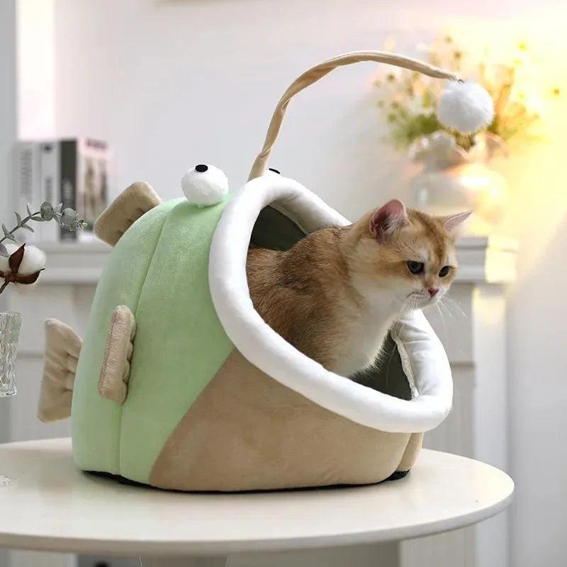 Grey deerskin velvet lantern fish-shaped semi-closed cat bed for indoor use.