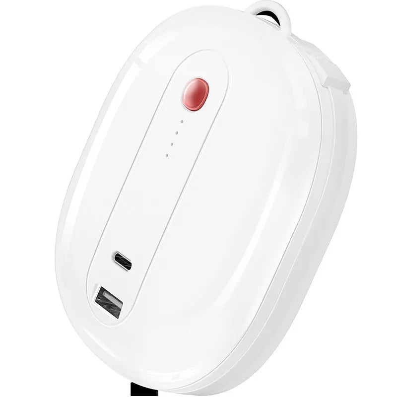 White two-in-one power bank with fold-out AC plug showing 10000mAh capacity.
