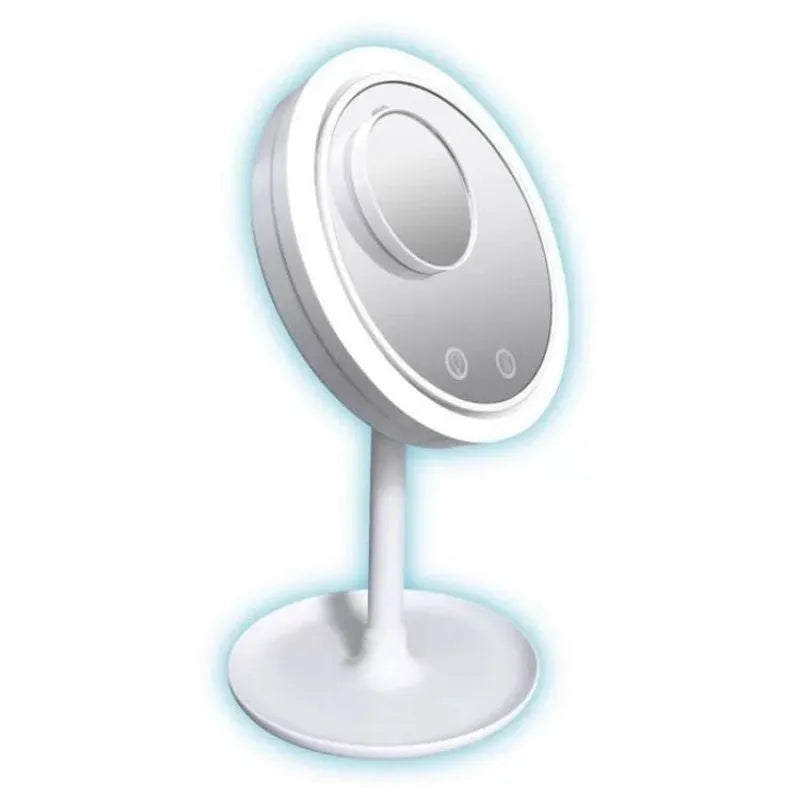 White foldable fan LED light makeup mirror on a desk with adjustable lights