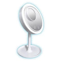 White foldable fan LED light makeup mirror on a desk with adjustable lights
