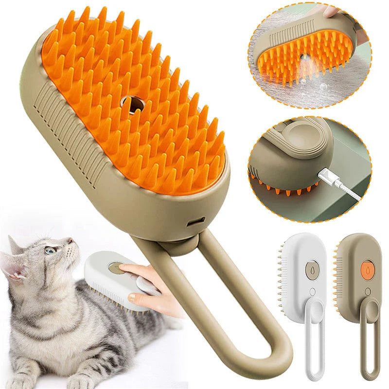 A 3-in-1 pet grooming brush with a steam spray function, designed to gently brush, massage, and moisturize your pet's coat.