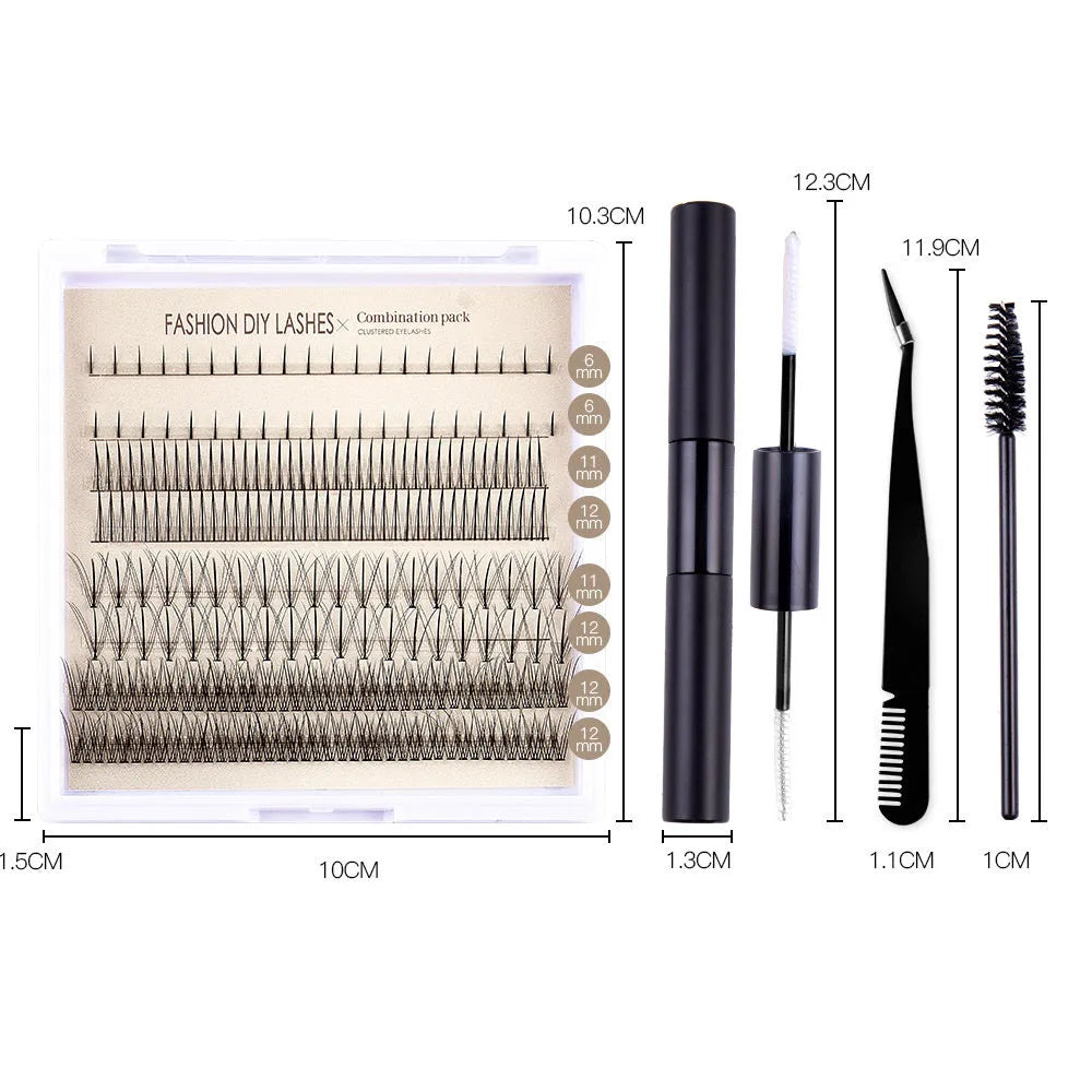 Segmented false eyelash kit with matching tweezers brushes and glue options