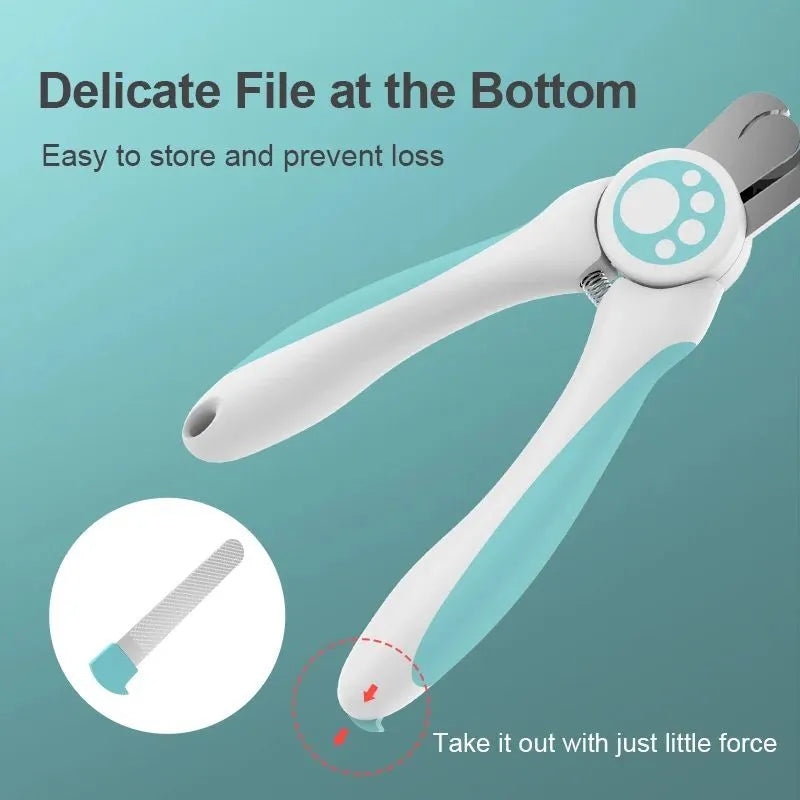 Blue and white pet nail clipper with safety lock, shown with a separate nail file.