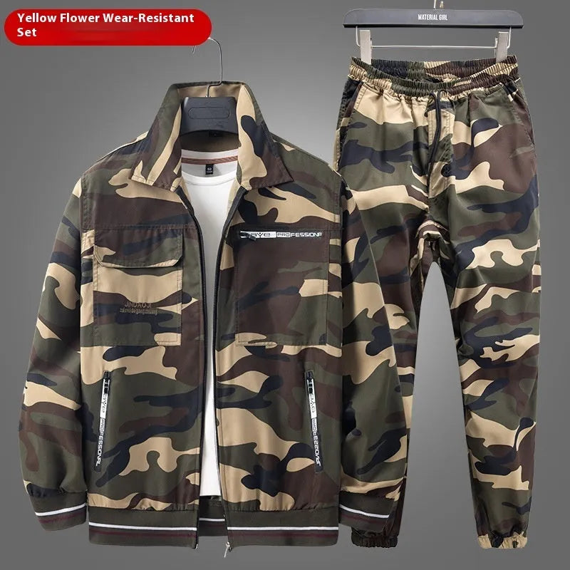 Men's thin camouflage cargo pants suit set in army green, polyester, lightweight workwear