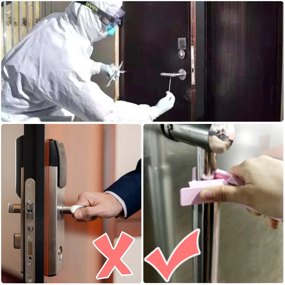 Blue plastic anti-contact door opening tool measuring 11.5 cm on a white background
