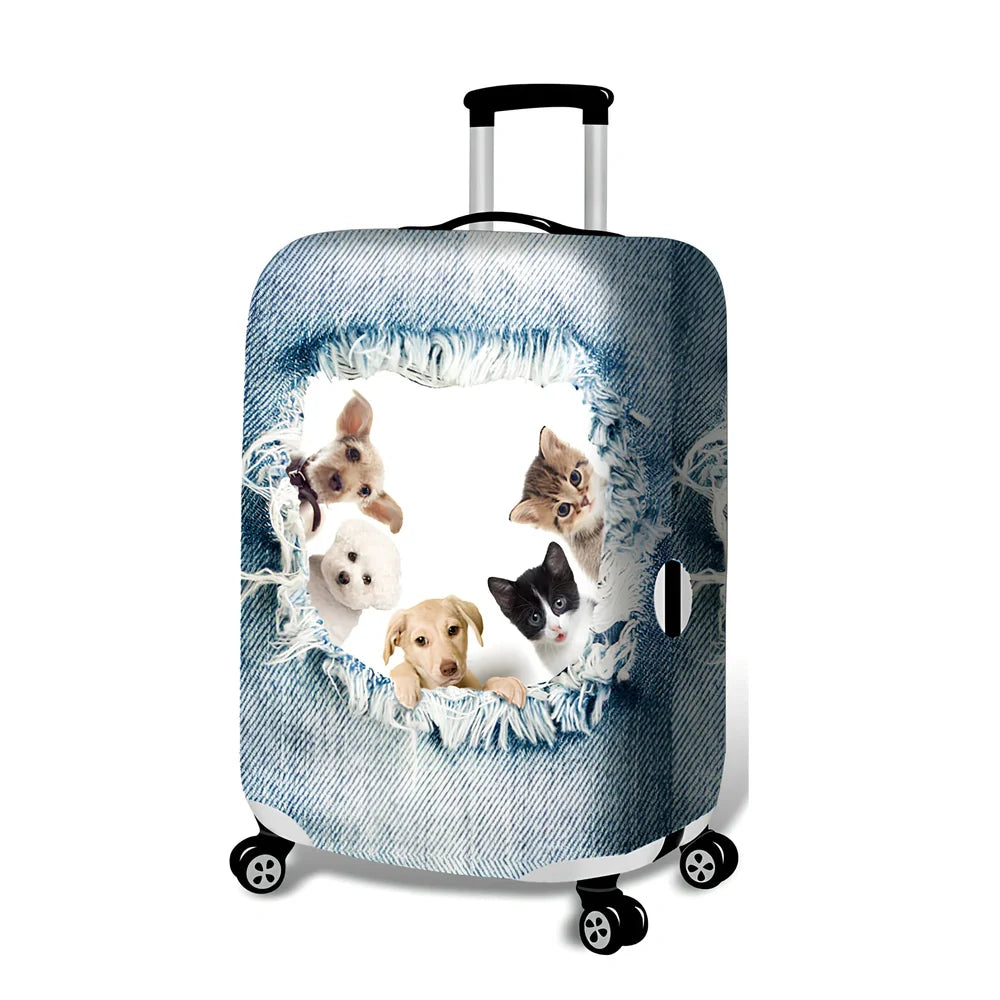 Blue cartoon polyester luggage cover on 24-inch suitcase with pole case, fitting 18-32 inch sizes securely