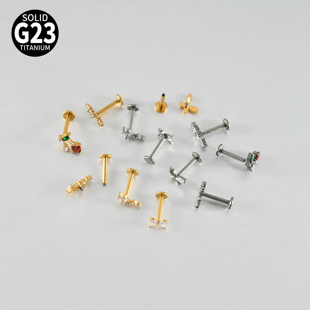 G23 titanium stud earrings with cherry zircon butterfly flower design, 1.2x8mm, gold electroplated finish