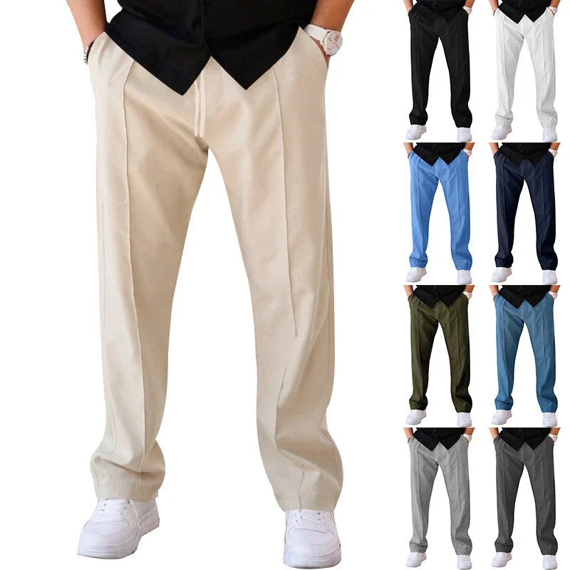 Men's drawstring waist casual pants in a variety of colors featuring a unique bright line design