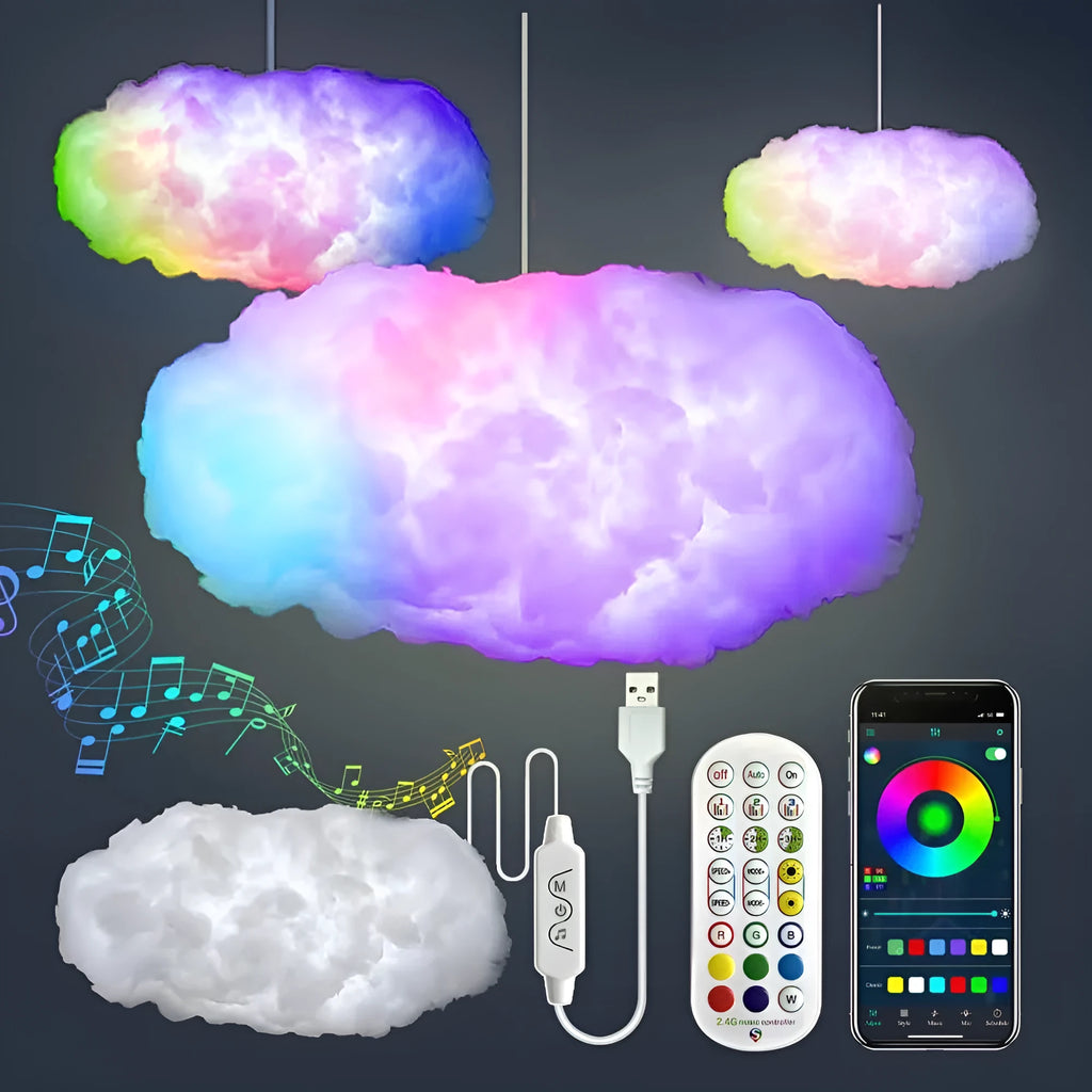 White fabric LED cloud pendant lamp with RGBIC colour changing and lightning simulation effects