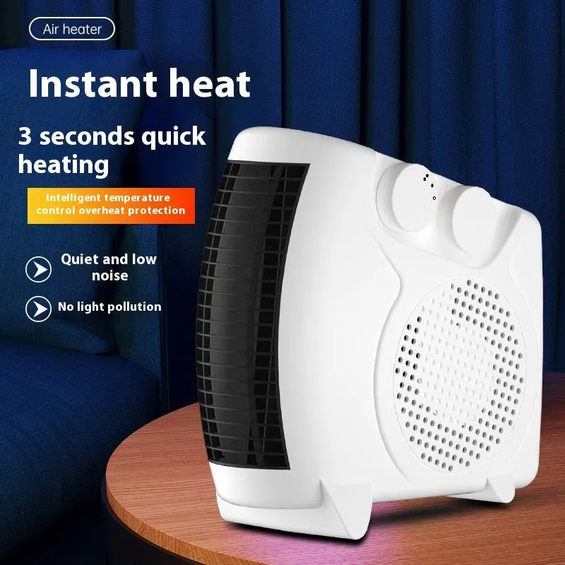 White compact desktop electric heater with ceramic heating element showing front ventilation grille