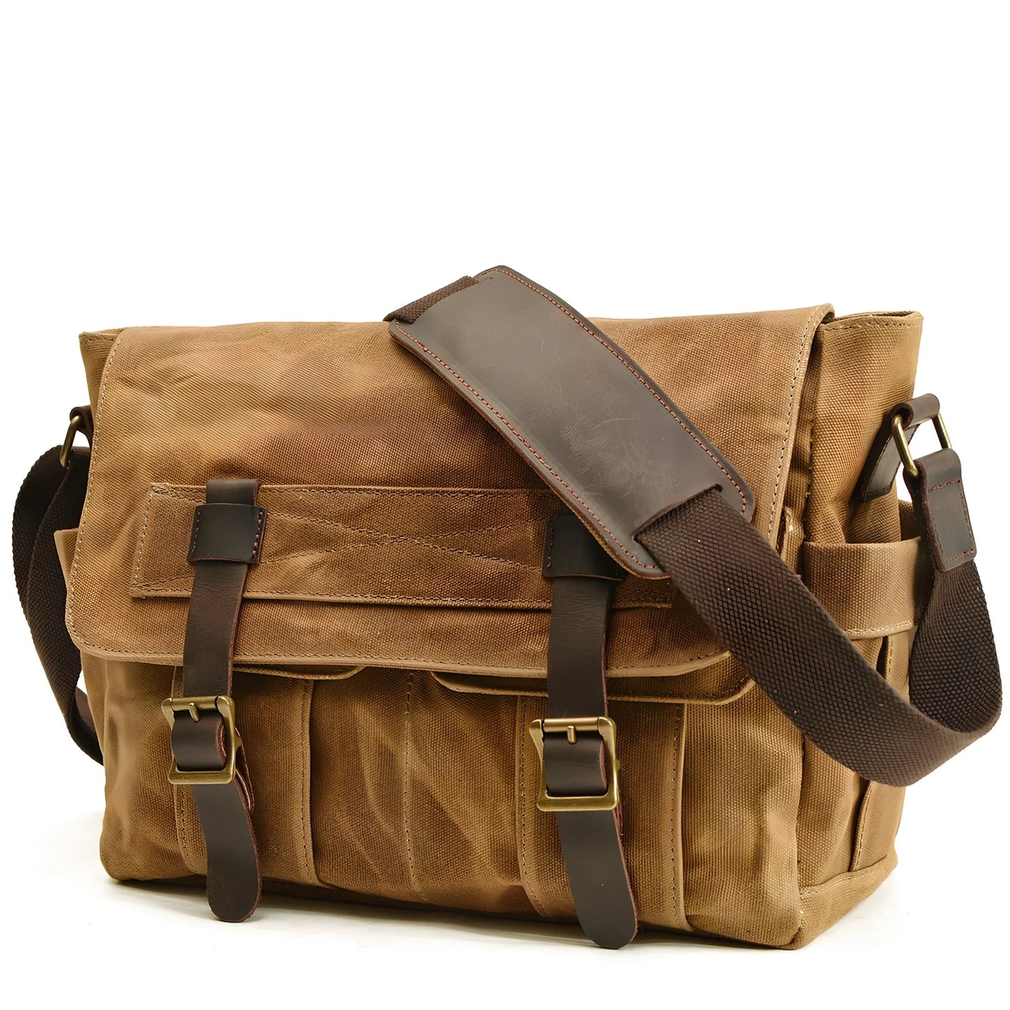 Retro men's canvas shoulder messenger bag in black, waterproof with internal pockets for laptop and phone, medium square size