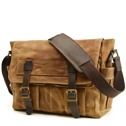 Retro men's canvas shoulder messenger bag in black, waterproof with internal pockets for laptop and phone, medium square size