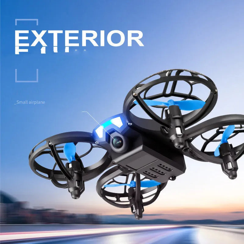 Blue or orange V8 mini RC quadcopter drone with propellers, shown with remote control and storage bag.
