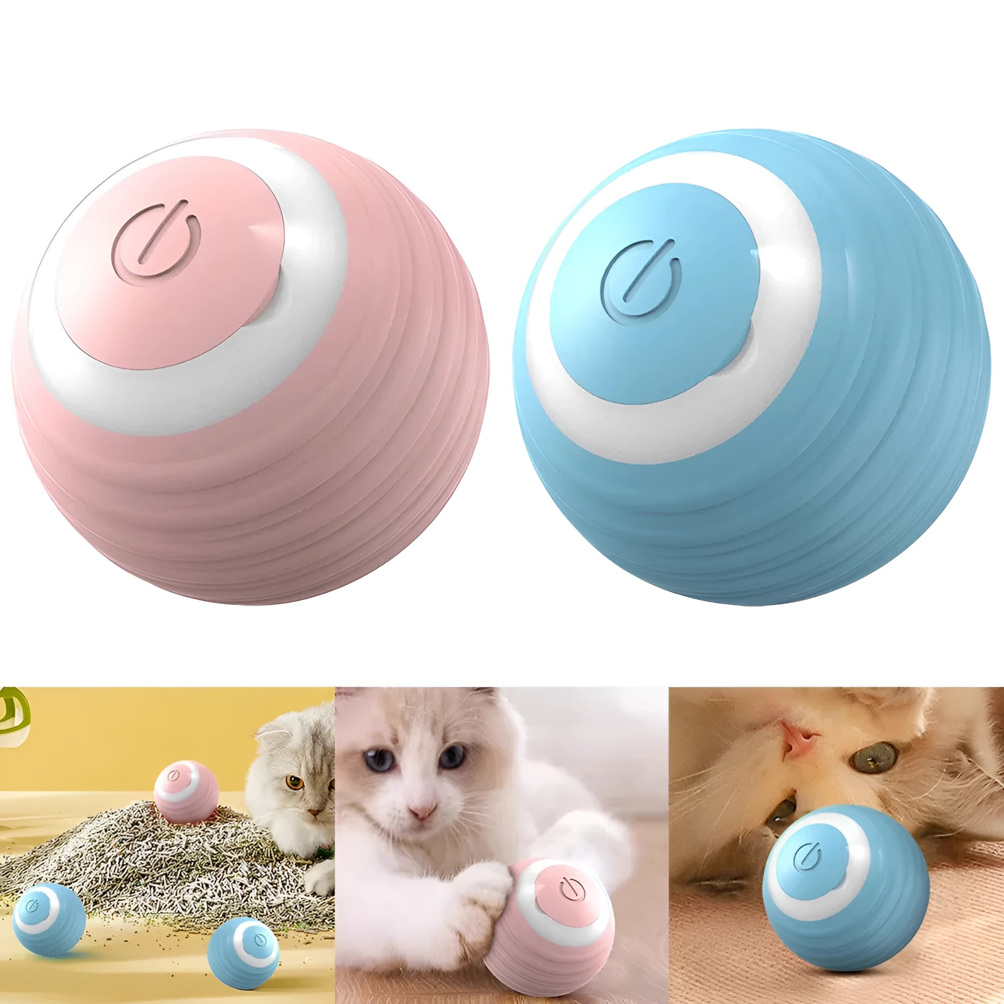 Blue and pink rechargeable automatic moving silicone cat toy ball with charging cable.
