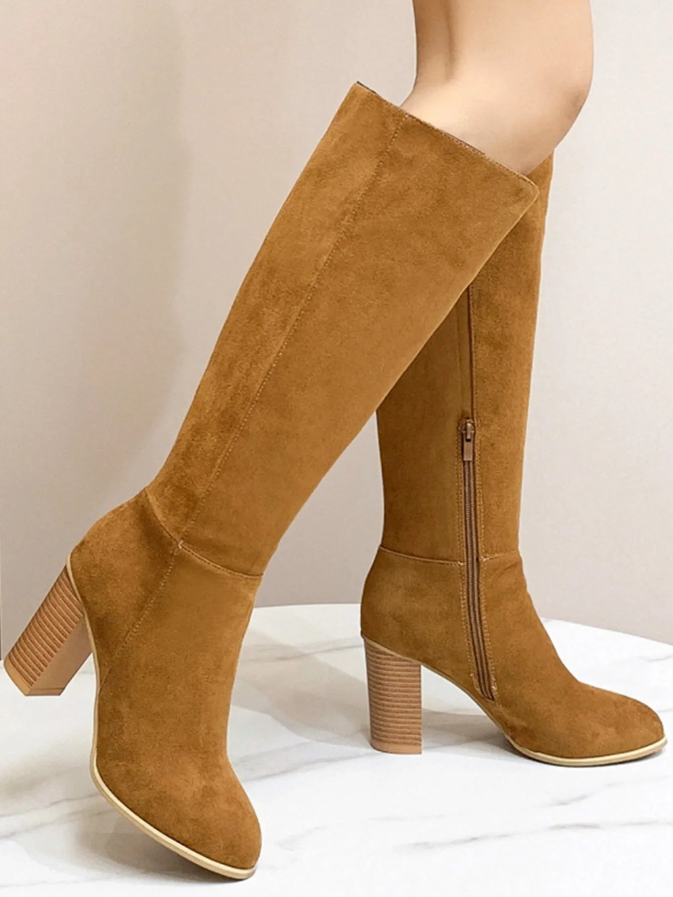 Women's square toe high heel boots in black or dark brown artificial PU material