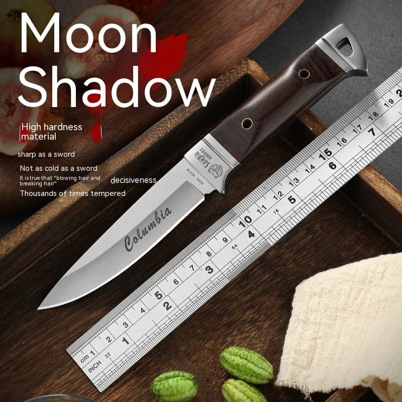 Camping multifunctional portable fruit knife with stainless steel blade and brown leather case.
