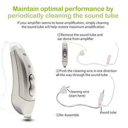 Digital sound amplifier with stealth ear back design in champagne, pearl grey, and graphite grey colour options