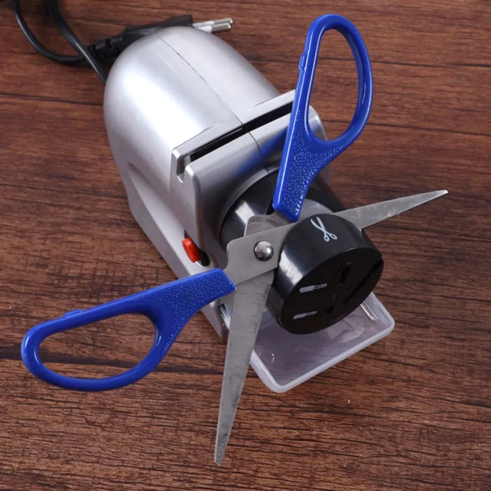 Plug-in power electric knife sharpener with emery grindstone, ABS body, gold accents, and compact 19 x 16.6 x 6.3 cm size for multifunctional sharpening