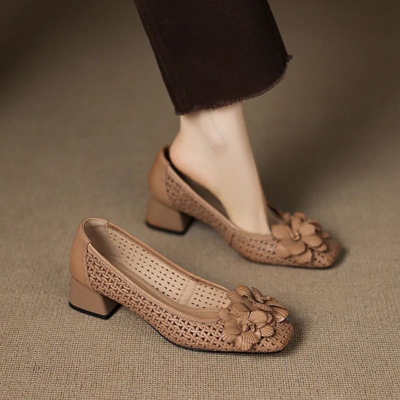 Women's light brown leather hollow weave pumps with an oversleeve design and a mid-height heel.