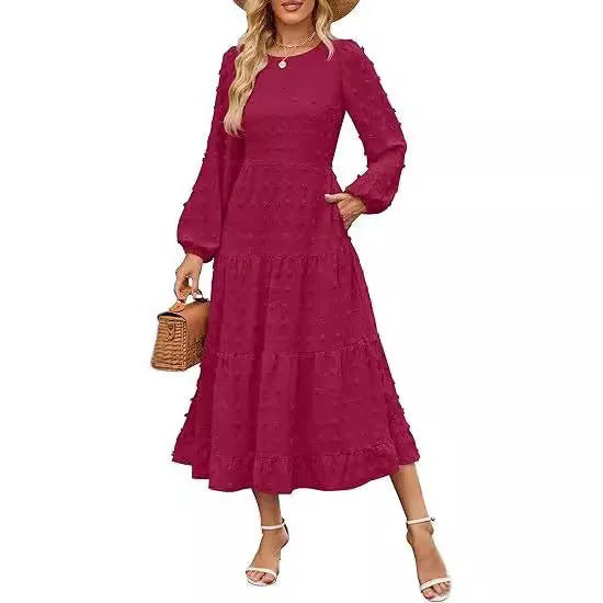 Women's long sleeve casual dress with ruffle sleeves and high waist in a solid colour