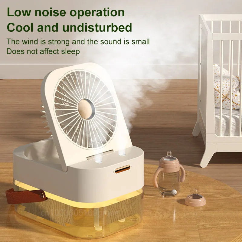 Portable desktop humidifier spray fan with remote control, showing pearl white colour and water tank