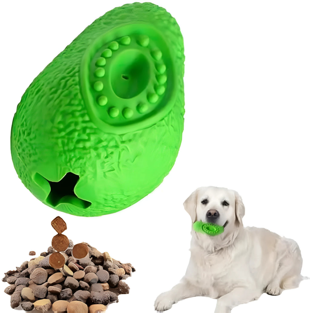 Green avocado-shaped natural rubber dog chew toy with textured surface for teeth cleaning
