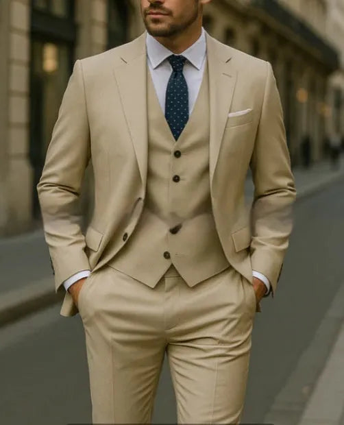 Men's business casual three-piece suit in polyester, jacket, vest, and trousers, available in multiple colours and sizes XS to 5XL