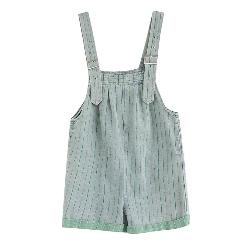 Striped denim overalls shorts with adjustable straps, high waist, and wide legs