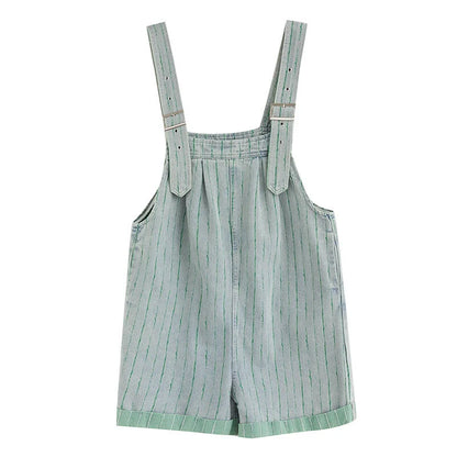 Striped denim overalls shorts with adjustable straps, high waist, and wide legs