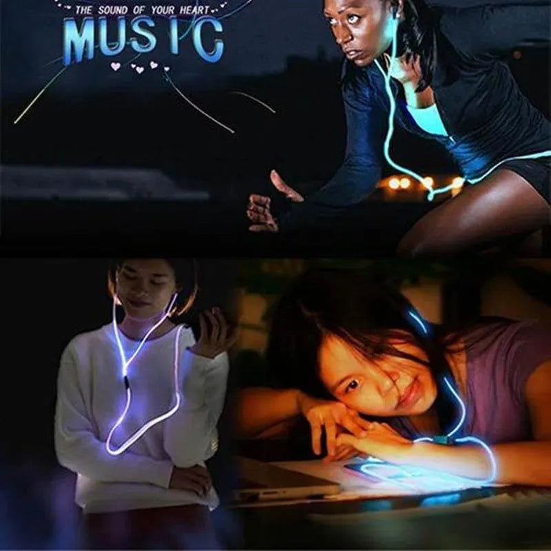Blue Magic Light LED earphones with illuminated shells and a 3.5mm plug, showing the inline remote control.