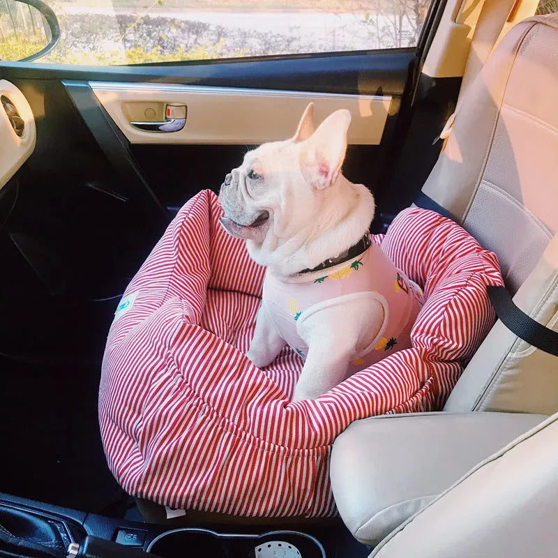 Travel car seat cushion for small dogs with raised sides in blue stripes on a car seat, Oxford cloth construction