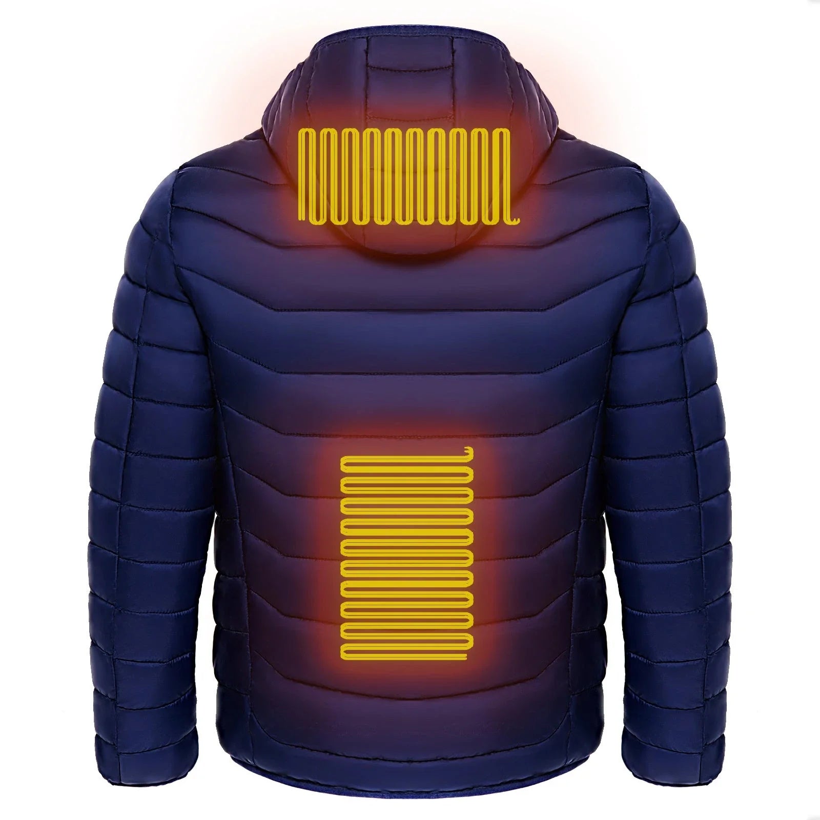 Heated puffer jacket with 9 heating zones, adjustable hood, and insulation for skiing in cold weather