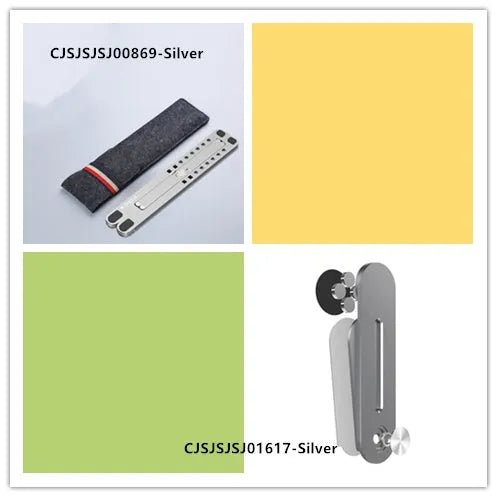 Foldable aluminium laptop stand in silver colour supporting a laptop, shown in open and closed positions.