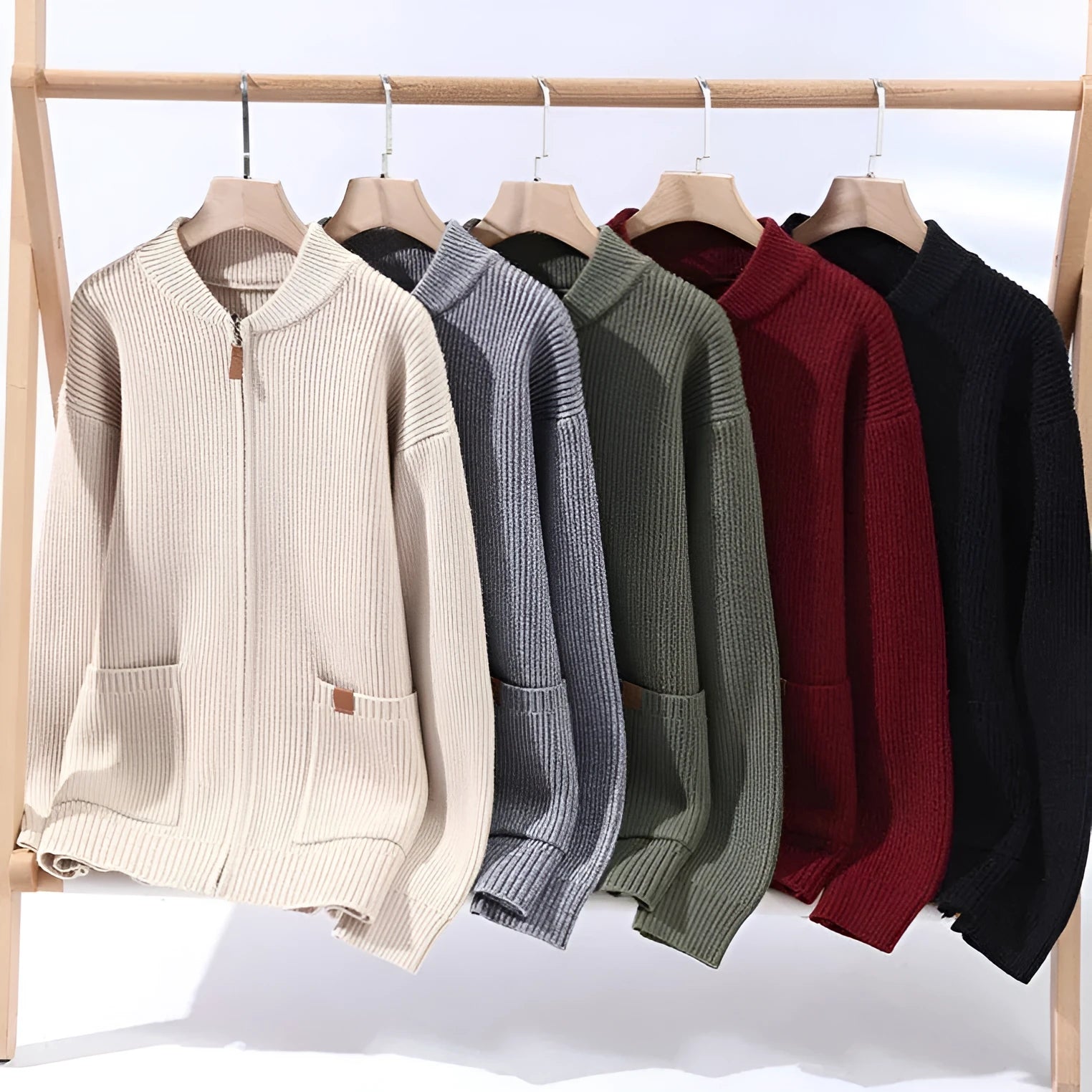 Men's straight fit striped sweater cardigan jacket in a choice of five colours on a hanger.
