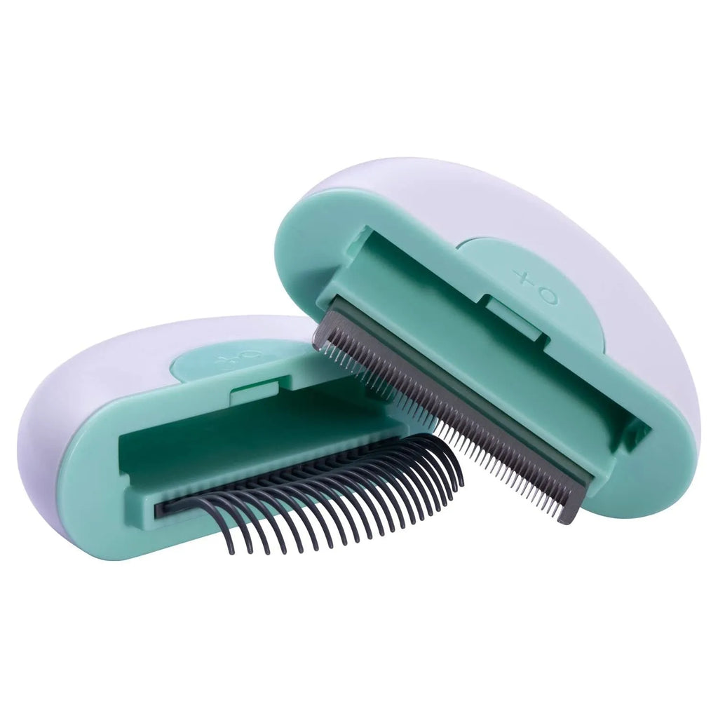 Steel and alloy pet grooming comb for cats and dogs on a neutral background, available in coffee, green, and pink