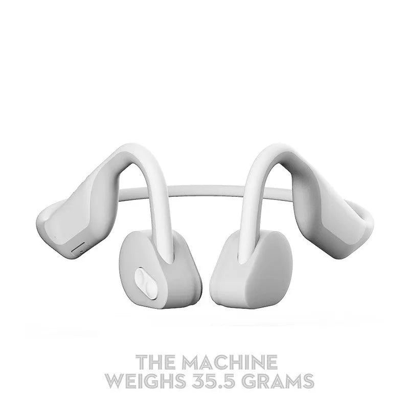 5.0 stereo bone conduction headphones in black, hanging ear design with bilateral drivers