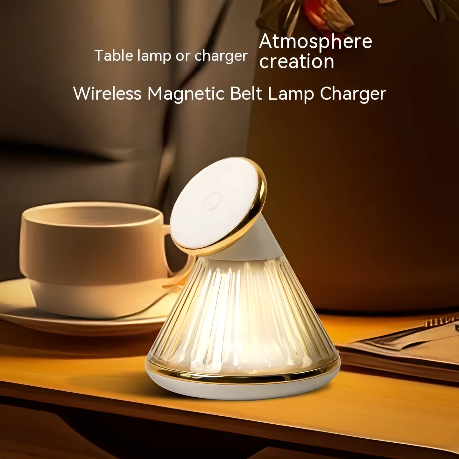 Night table lamp with wireless charging surface in champagne gold metallic finish