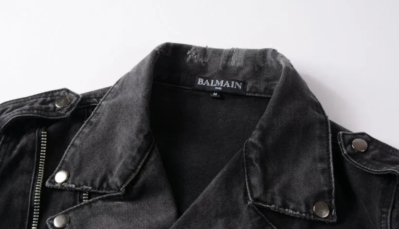 Black slim-fit linen denim jacket with lapel collar and front zipper placket on plain background
