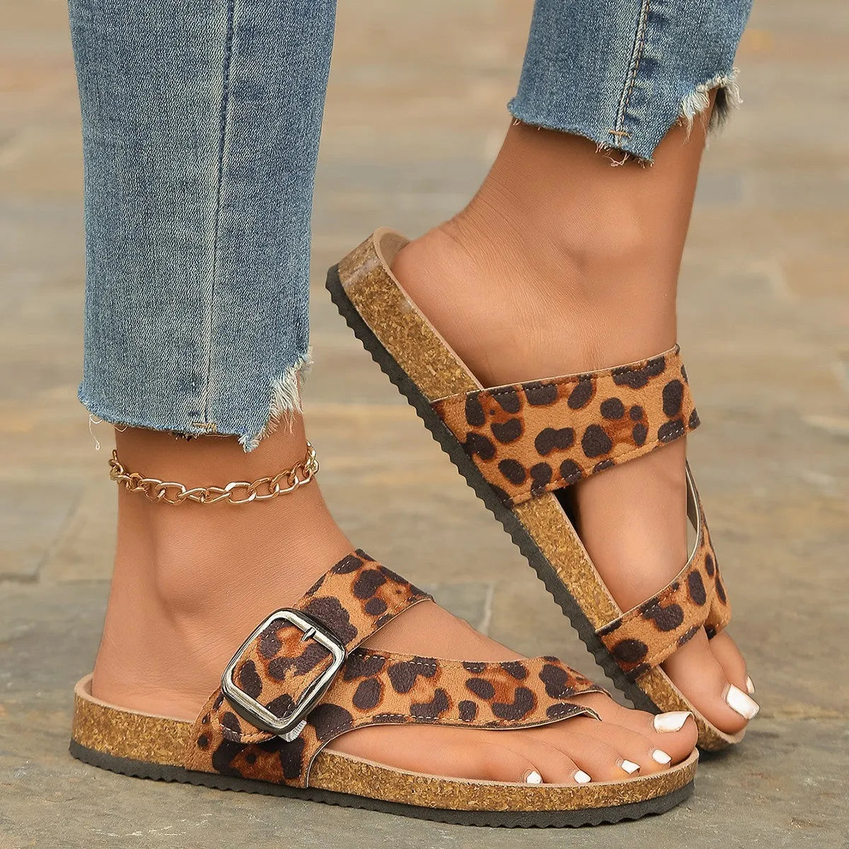 Leopard print Roman style slippers with round toe covering and wooden sole