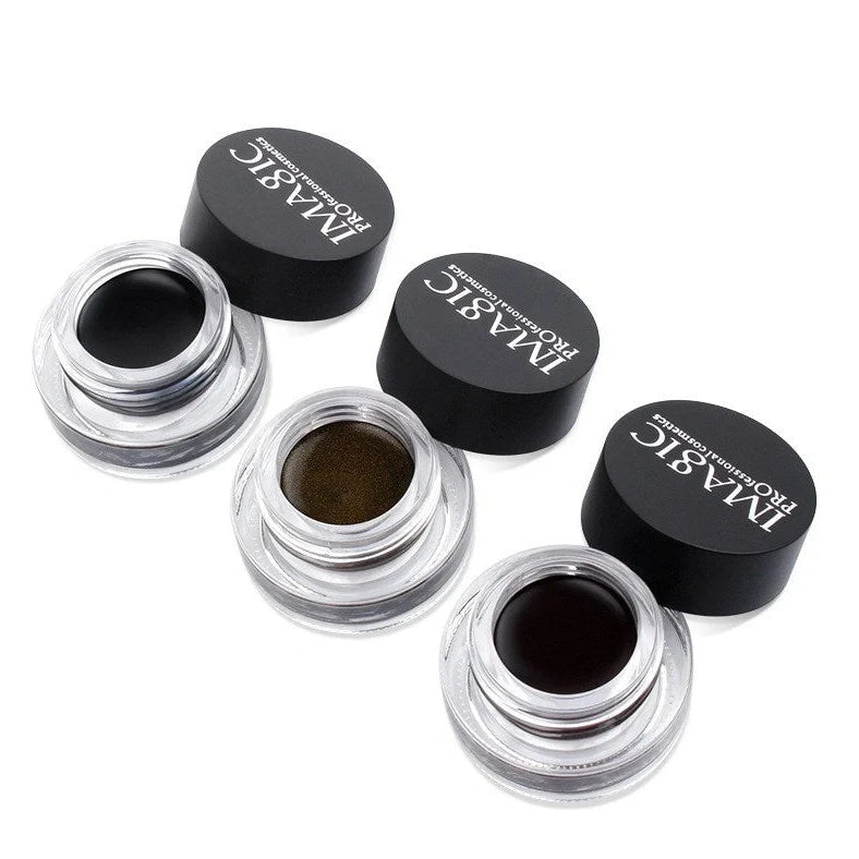Brush-tip liquid eyeliner with fine 0.5mm applicator showing three colour options E01, E02, E03