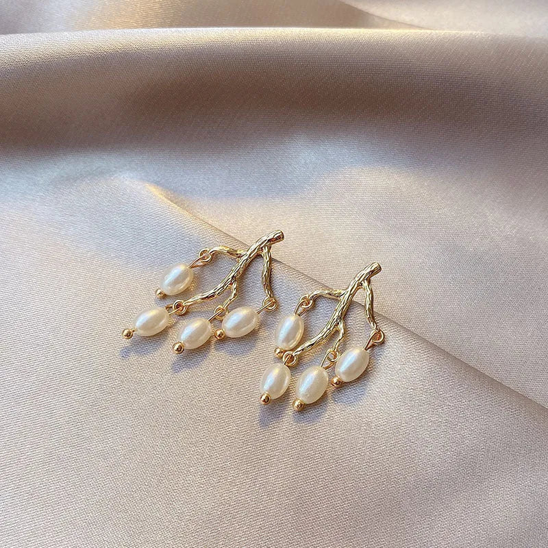 Pearl branch earrings for women, alloy silver gold finish, pearl inlay flower shape, white colour dangle drop earrings