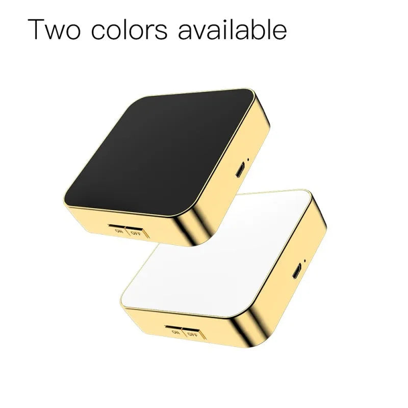 Black and white makeup mirror showing a magnifying side and a normal mirror with LED light ring.